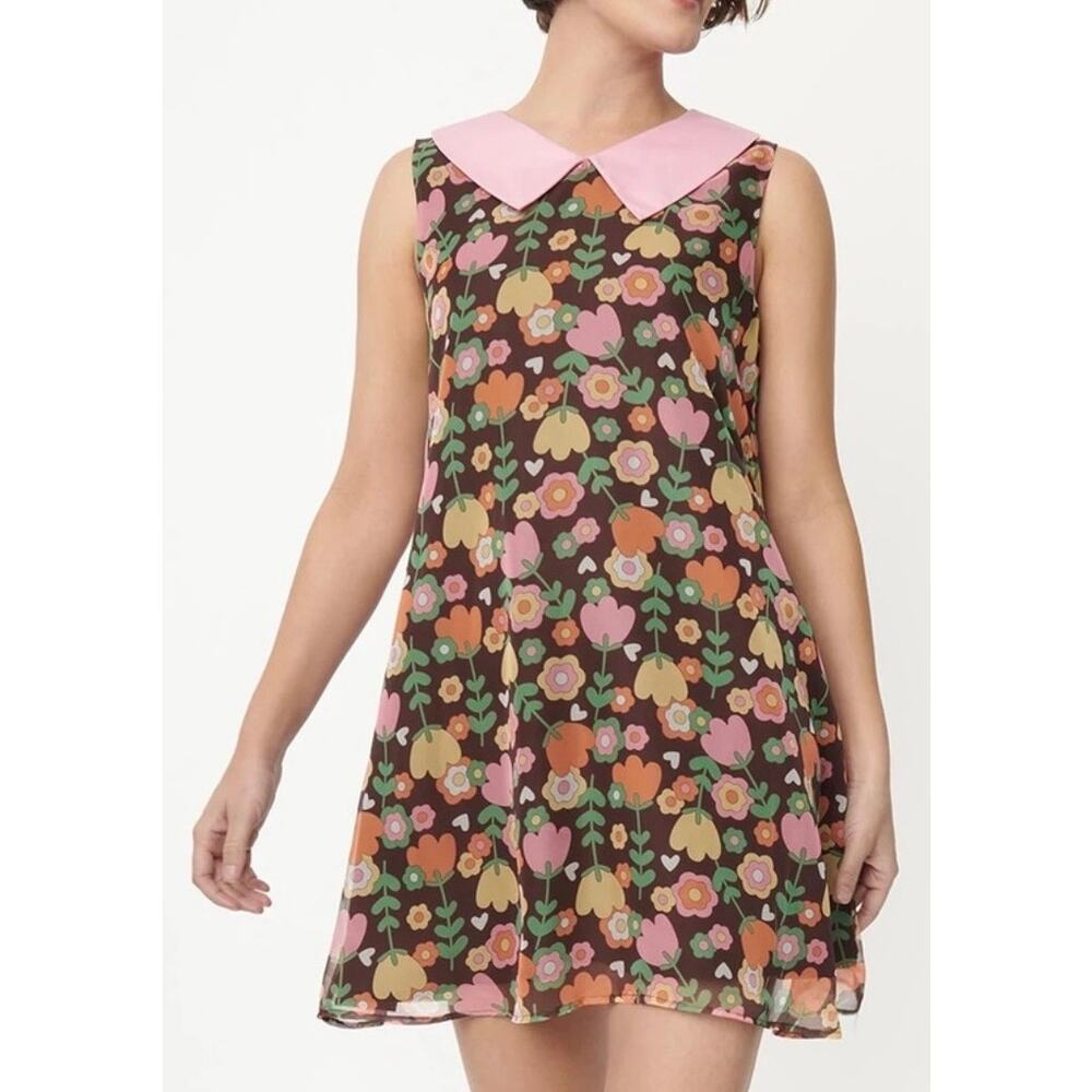 Unique Vintage 1960’s Brown Floral Chiffon Dress M 6 8 NWOT